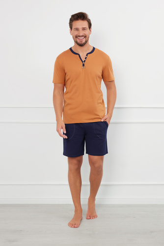 Julius Herren Kurzarm-Pyjama, Shorts Italian Fashion - cognac/grün