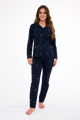 482/447 Gold Cornette Damenpyjama – Weihnachten, Baumwolle, Marineblau, geknöpft