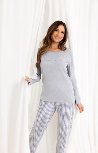 714 Regina Damen-Pyjama, Grau – Baumwolle, lange Ärmel, karierte Hose