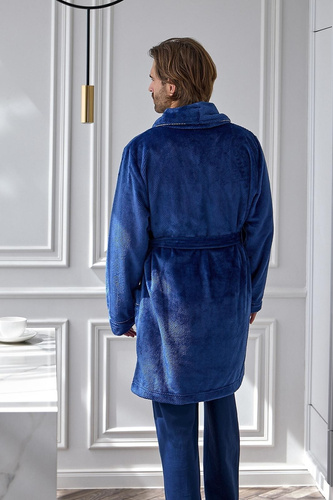 L&L Elegant 2664 Herren Bademantel kurz, weich, Waffelstruktur mit Kragen, navy