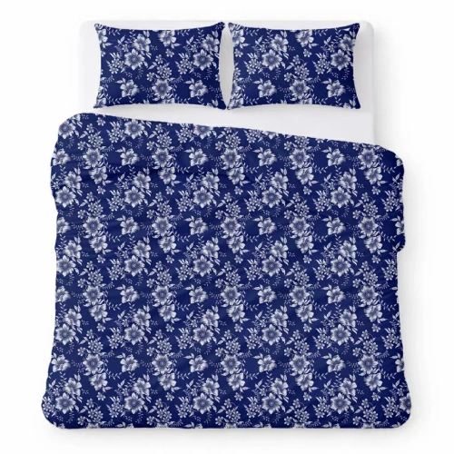 Bettwäsche aus Baumwollkrepp Set atmungsaktiv pflegeleicht navy blue with white flowers