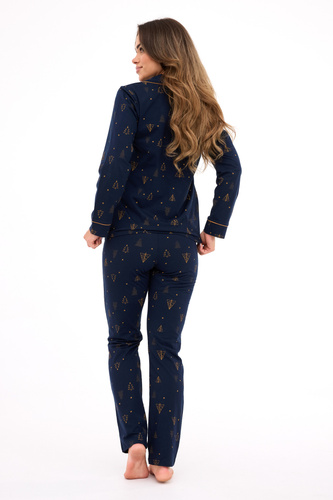 482/447 Gold Cornette Damenpyjama – Weihnachten, Baumwolle, Marineblau, geknöpft
