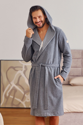 7230 Doctor Nap Herrenbademantel – Baumwolle, Kapuze, elegante Verarbeitung – Dunkelgrau