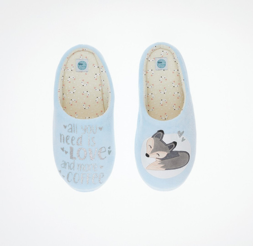 Fixy Sorbetto blau – warme Damenhausschuhe mit rutschfester Sohle und Aufdruck