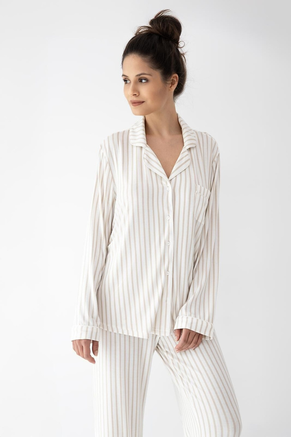 Damenpyjama Amani Sensis ecru-beige, Viskose, Hemdstil, Streifen
