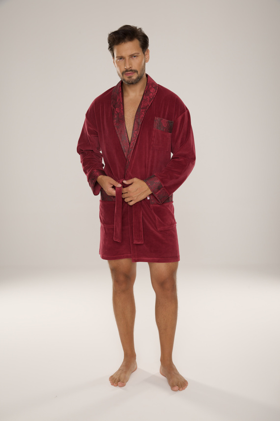 866 Noble Men's De Lafense Velours Bademantel - kurz, elegant, Baumwolle - burgunderrot