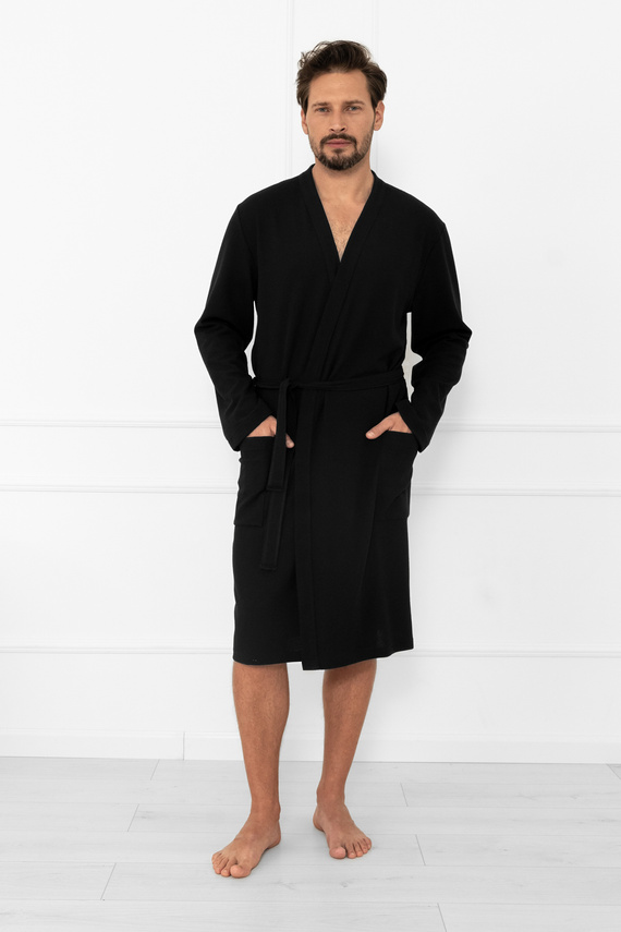 Bono Herren Bademantel Italian Fashion schwarz - mit Gürtel, geprägtes Muster, elegant und bequem