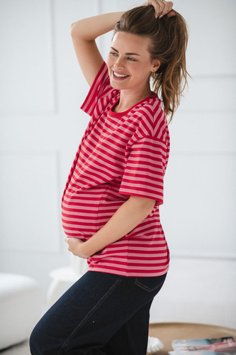 Mamahood Milk&Love Schwangerschafts- und Still-T-Shirt, rot-rosa gestreift – bequem und stilvoll