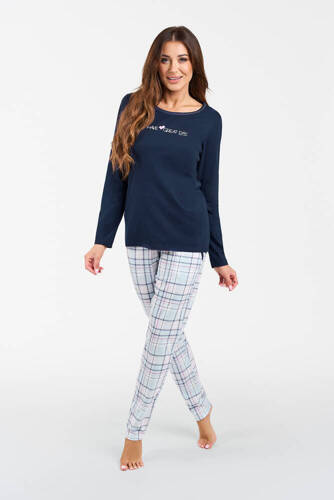 Glamour Damen Schlafanzug langarm und lange Hose Italian Fashion - marineblau/print