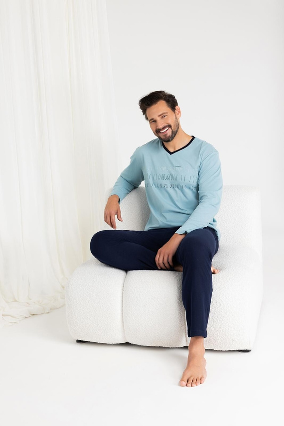 Regina 495 – Herrenpyjama aus Marine-Baumwolle mit langen Ärmeln, klassischer Schnitt