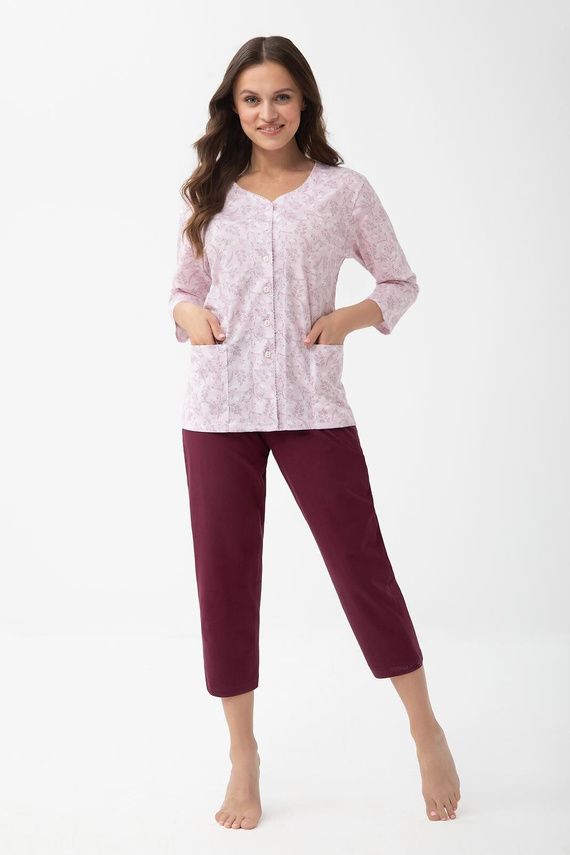 Damen-Pyjama 1305 Luna aus Baumwolle, zum Knöpfen, 7/8-Länge mit Taschen – rosa