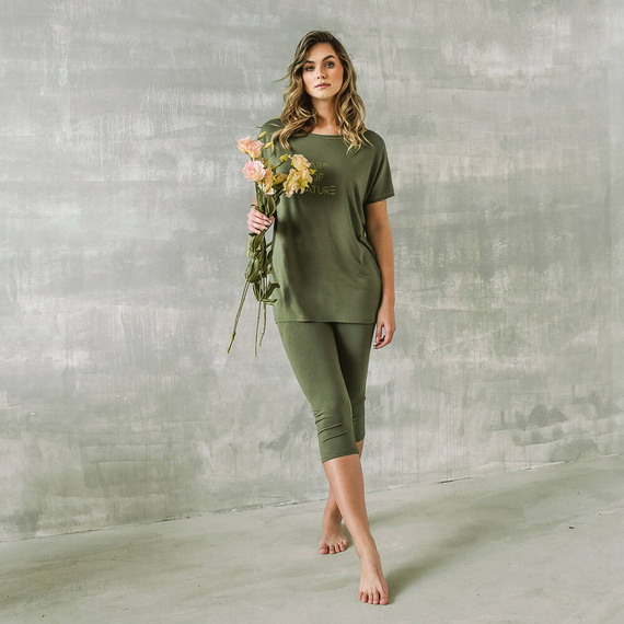 Natura Pyjamas Damen kurzarm, 3/4 Hose Italienische Mode - khaki 