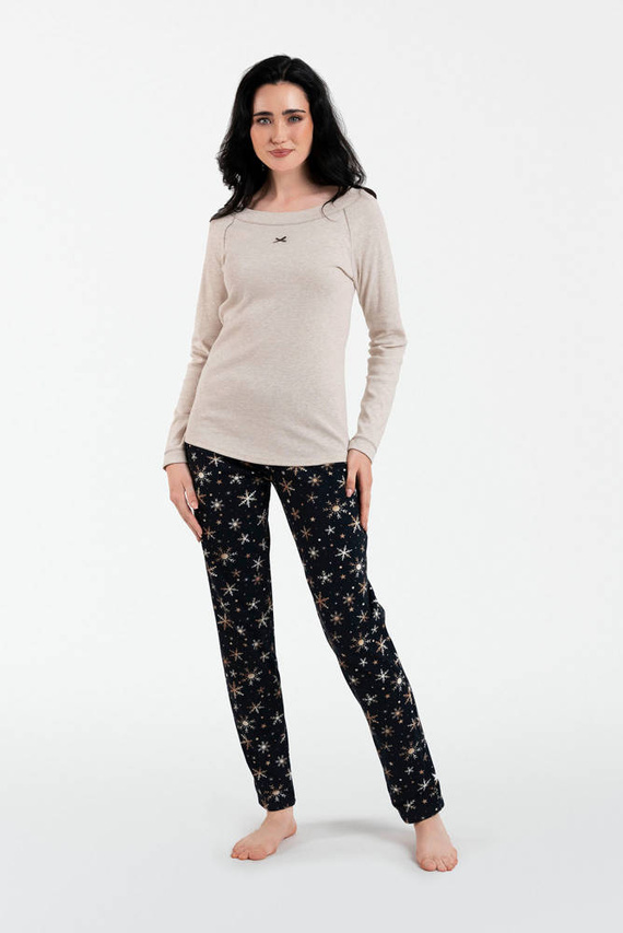 Denali Damen Schlafanzug langarm, lange Hose Italian Fashion- beige melange/print