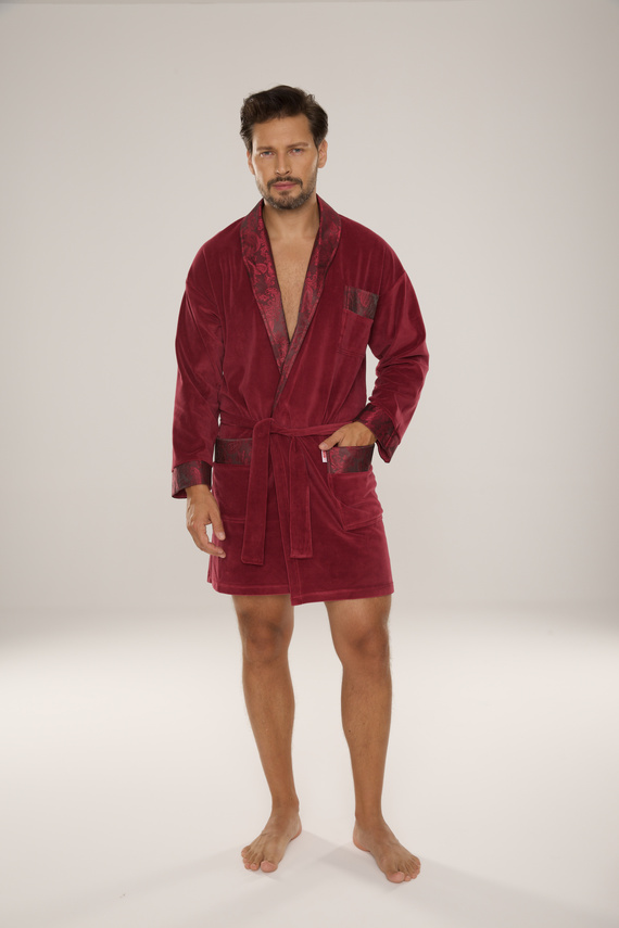 866 Noble Men's De Lafense Velours Bademantel - kurz, elegant, Baumwolle - burgunderrot