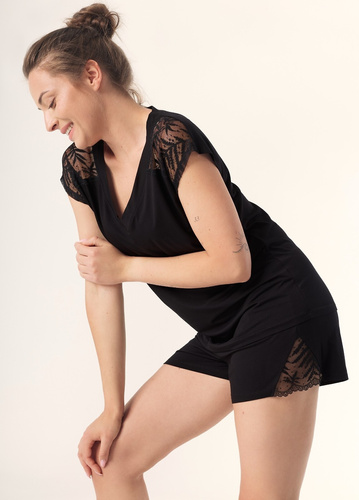 Petra PC71 Mefemi Nipplex Damen-Pyjama, Schwarz – Viskose, Spitze, kurze Ärmel