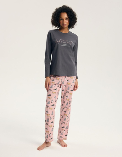 Damen-Pyjama Henderson Ginni 45419 100% Baumwolle Langarm Katzen Grau