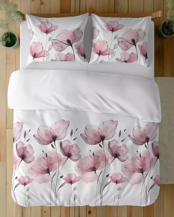 5496 B Weiße Baumwollbettwäsche mit aquarellrosa Blumen Naturalis – Detexpol