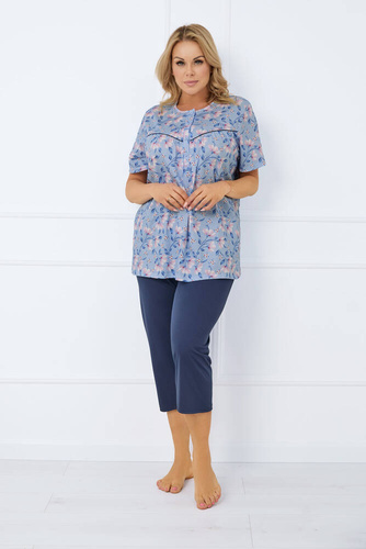 Facelia Damen Schlafanzug kurzarm, 3/4 Hose Italian Fashion - print/green