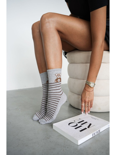 Damen Socken Milena 0200-264 Baumwolle Bär Streifen Druckfrei Grau