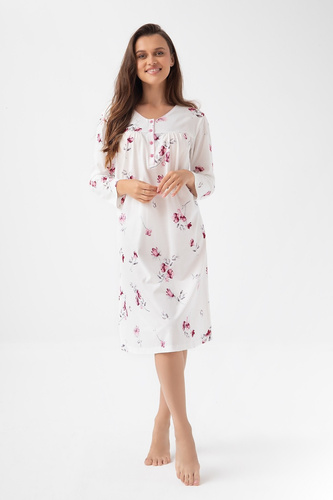 338 Luna Ecru-Nachthemd – Baumwolle, lange Ärmel, geknöpfter Ausschnitt