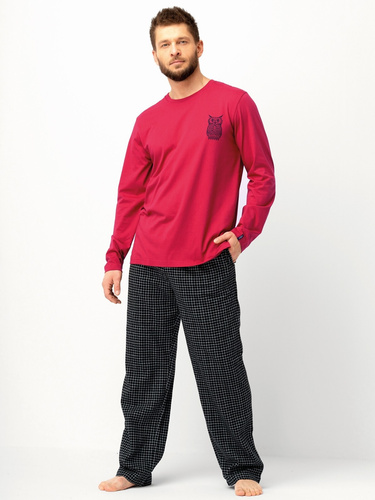 Herrenpyjama MNS 471 Key Burgunderrot – lange Ärmel, Hose aus Baumwollflanell