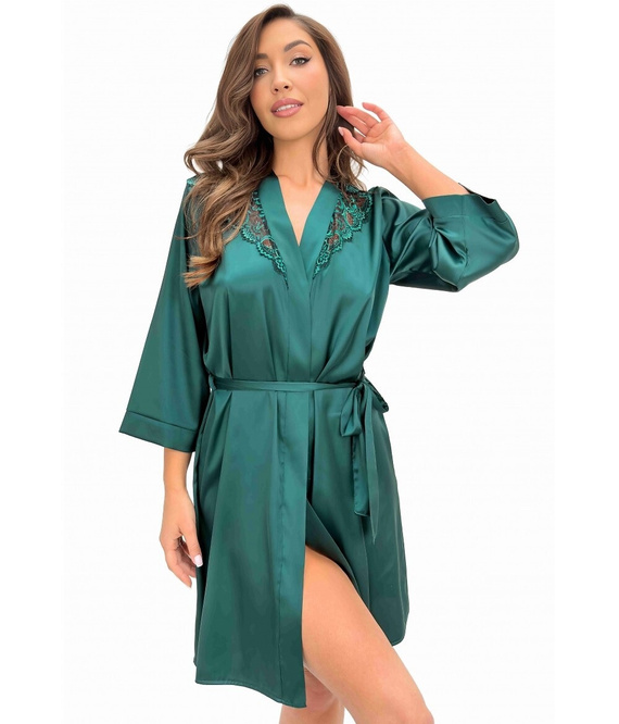 Donna Mela Damen Satin-Bademantel Grün Negligé mit Spitze 7/8-Arm