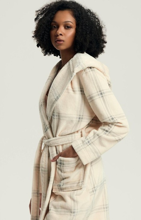 43596 Danna Damen-Bademantel Henderson weiß – mit Kapuze, Karomuster