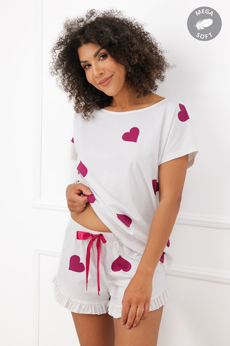 Italian Fashion Soul Damenkurzpyjama Mega Soft ecru mit bordeauxroten Herzen