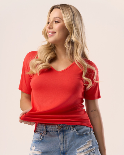 Serina Red Babell Bluse – Viskose, kurze Ärmel, V-Ausschnitt | stilvoll und komfortabel