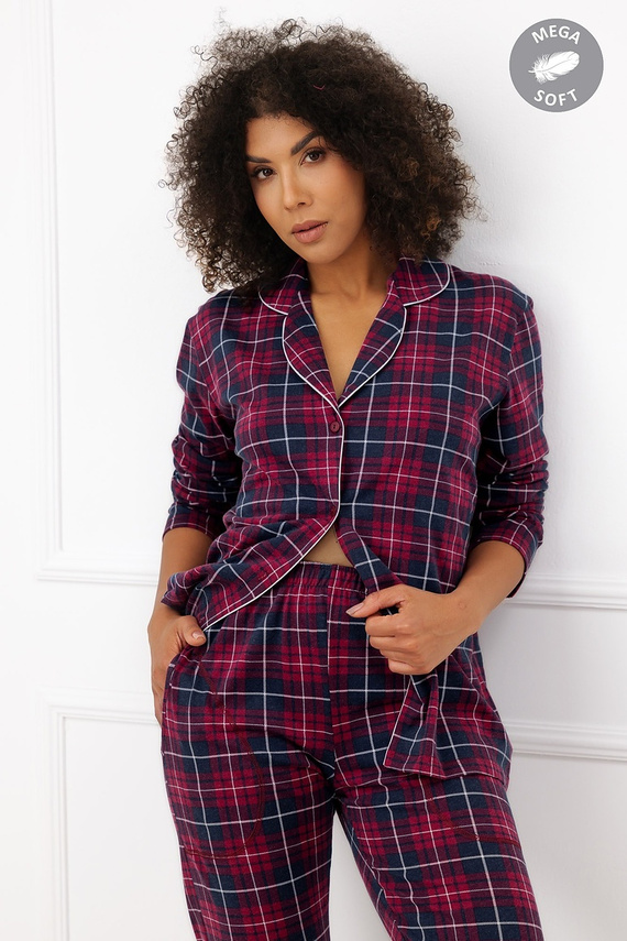 Italian Fashion Alana Damen Baumwoll-Pyjama lang, zum Knöpfen, kariert