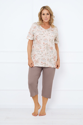 Ermida Damen Schlafanzug mit kurzen Ärmeln, 3/4 Hose Italian Fashion - print/cappuccino