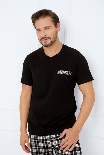 Klark Herren Kurzarm-Pyjama, Shorts Italian Fashion - schwarz/print