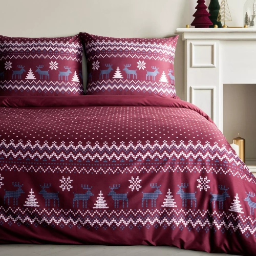 Matte Mikrofaser-Weihnachtsbettwäsche Eurocurtains Burgunderrot – verziert mit einem Aufdruck im skandinavischen Stil