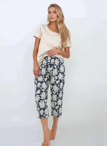 Navy Charm Momenti Per Me Damenpyjama – kurze Ärmel und 7/8-Hose, Baumwolle