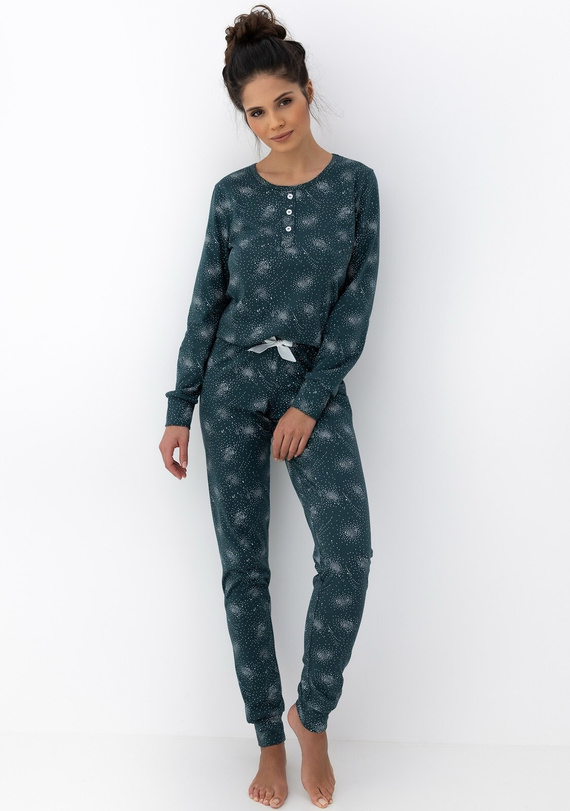 Ellison Damen-Pyjama Sensis, Grün - Baumwollpyjama mit langen Ärmeln und gerippten Bündchen