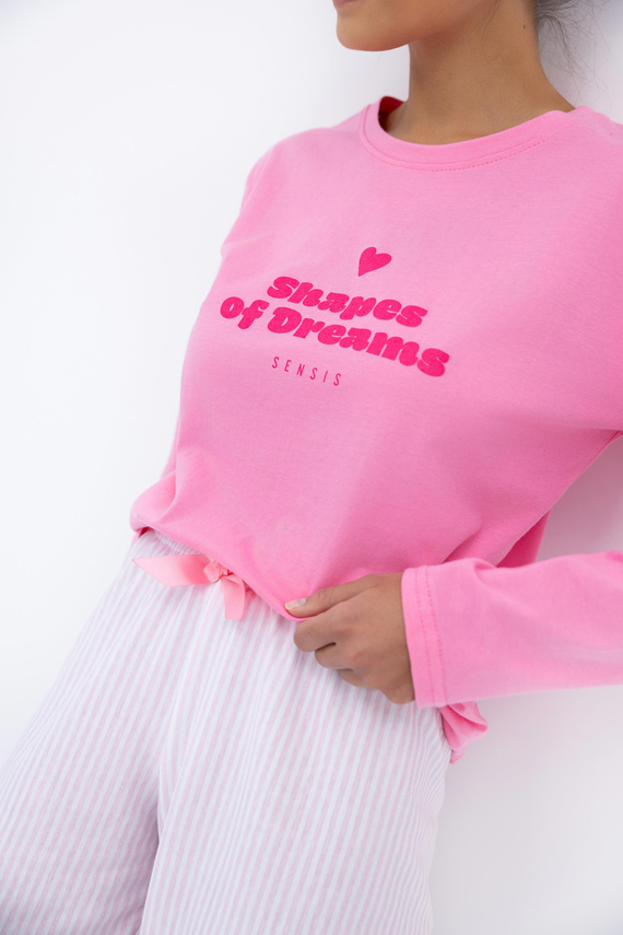 Malaya Sensis Damenpyjama – Baumwoll-T-Shirt und lange Hose mit Schleife