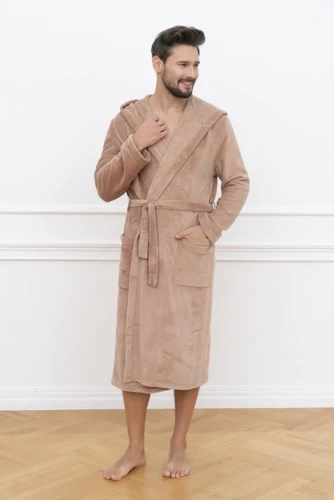 Mimas Herren Bademantel mit Kapuze Italian Fashion- camel