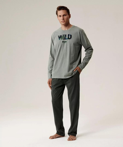 Herrenpyjama NMP-392 Atlantic – grün/khakifarbene Baumwolle, lange Ärmel, stylisches Set für kalte Nächte