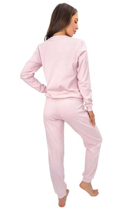 Damen-Pyjama Donna Home Long aus Baumwolle, Rippenstruktur, langärmlig mit Hose, puderrosa