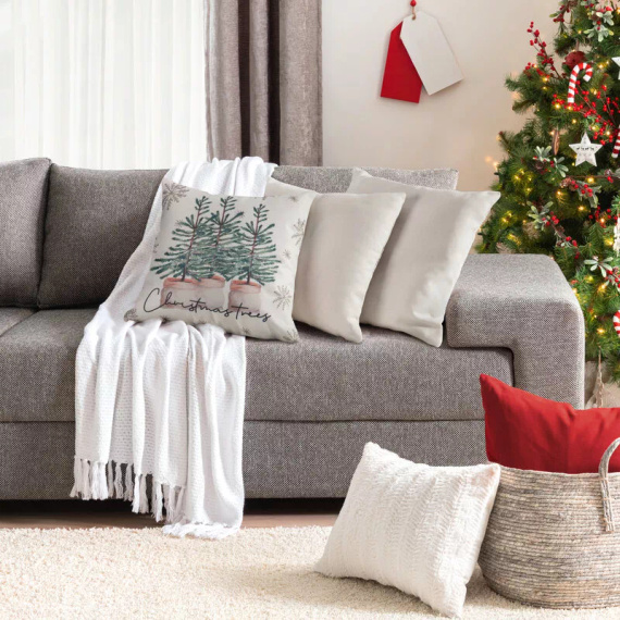 Chp 223 Eurofirany Weihnachtskissenbezug – cremefarben mit grünen Weihnachtsbäumen, dekorativ