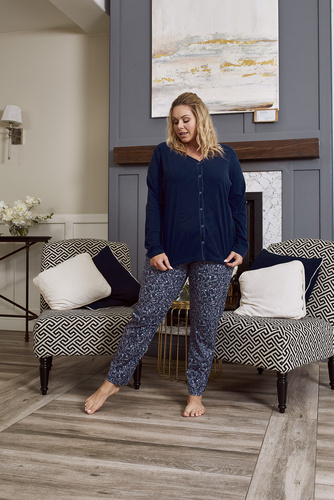 Sajna Damen Schlafanzug lange Ärmel, lange Hose Italian Fashion - navy blau/print