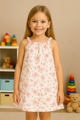 Blumenfarbenes, ecrufarbenes Pinocchio-Musselin-Trägerkleid mit Blumendruck