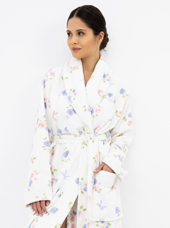 Sensis Rosa Ecru Damen langer Bademantel aus Samt mit bunten Blumen