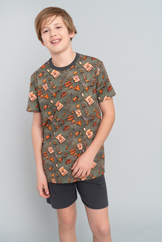 Western Jungen Schlafanzug mit kurzen Ärmeln, Hose Italian Fashion - olive/graphit