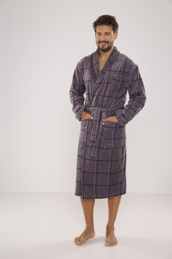 803 / 819 Twin Forex Frottee-Morgenmantel für Herren - grau mit lila Karos (grau kariert)
