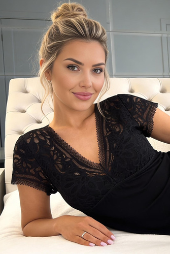 Elena Donna Nachthemd Viskose Spitze Elegant Weich V-Ausschnitt Schwarz