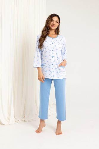 723 Damen-Pyjama Regina blau – Baumwolle, 7/8-Ärmel, Knöpfe, Komfort und Stil