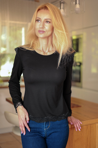 Mirale Ivy Damenbluse aus Viskose mit Spitze, elegant, langärmlig – schwarz