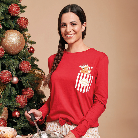 Gretel Sorbetto Damen-Pyjama rot – Weihnachten, lange Ärmel, Lebkuchen-Aufdruck