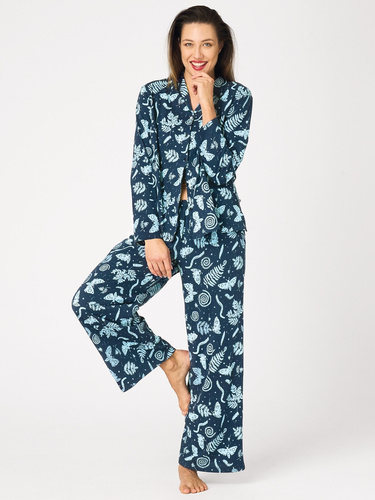 Damen-Pyjama Key LNS 435 in Meerblau – Flanell, zum Knöpfen, 100% Baumwolle